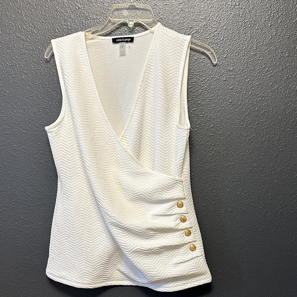 Cable & Gauge White Sleeveless Wrap Tank with Gold Buttons